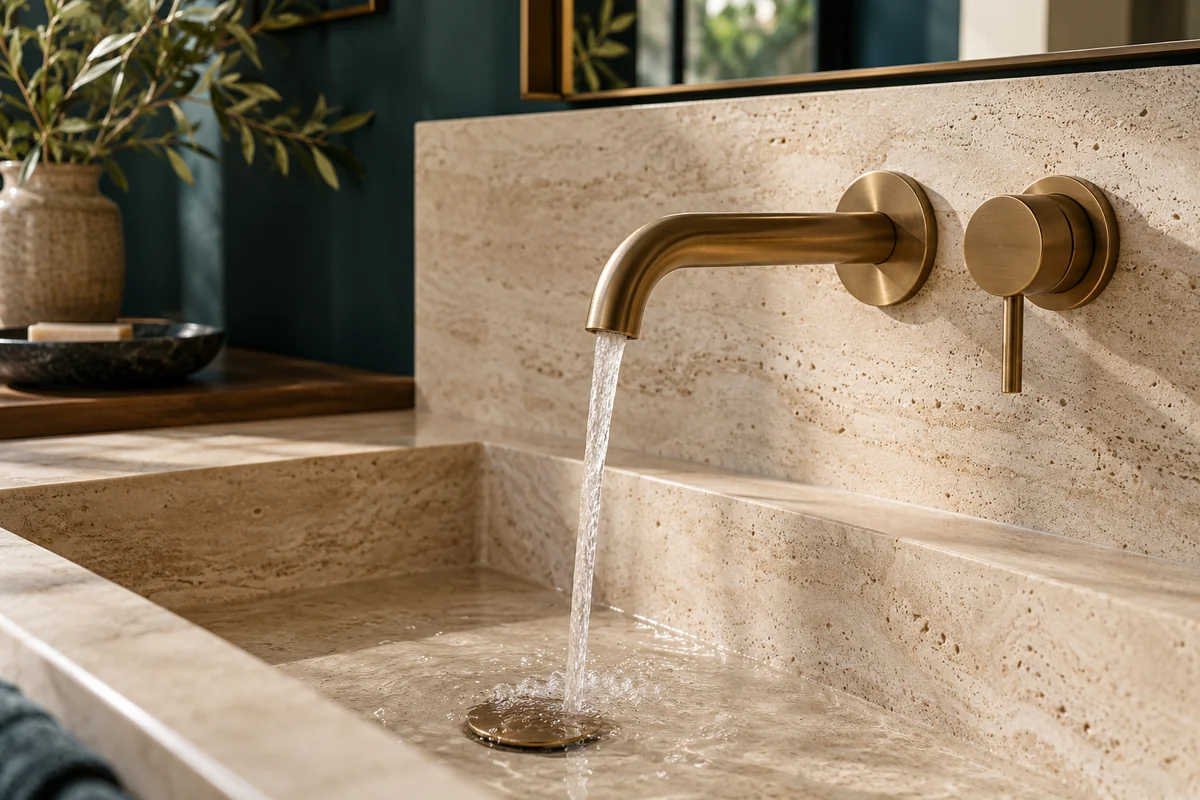 Illustrative brushed brass tap and stone basin, showing a considered fixture finish