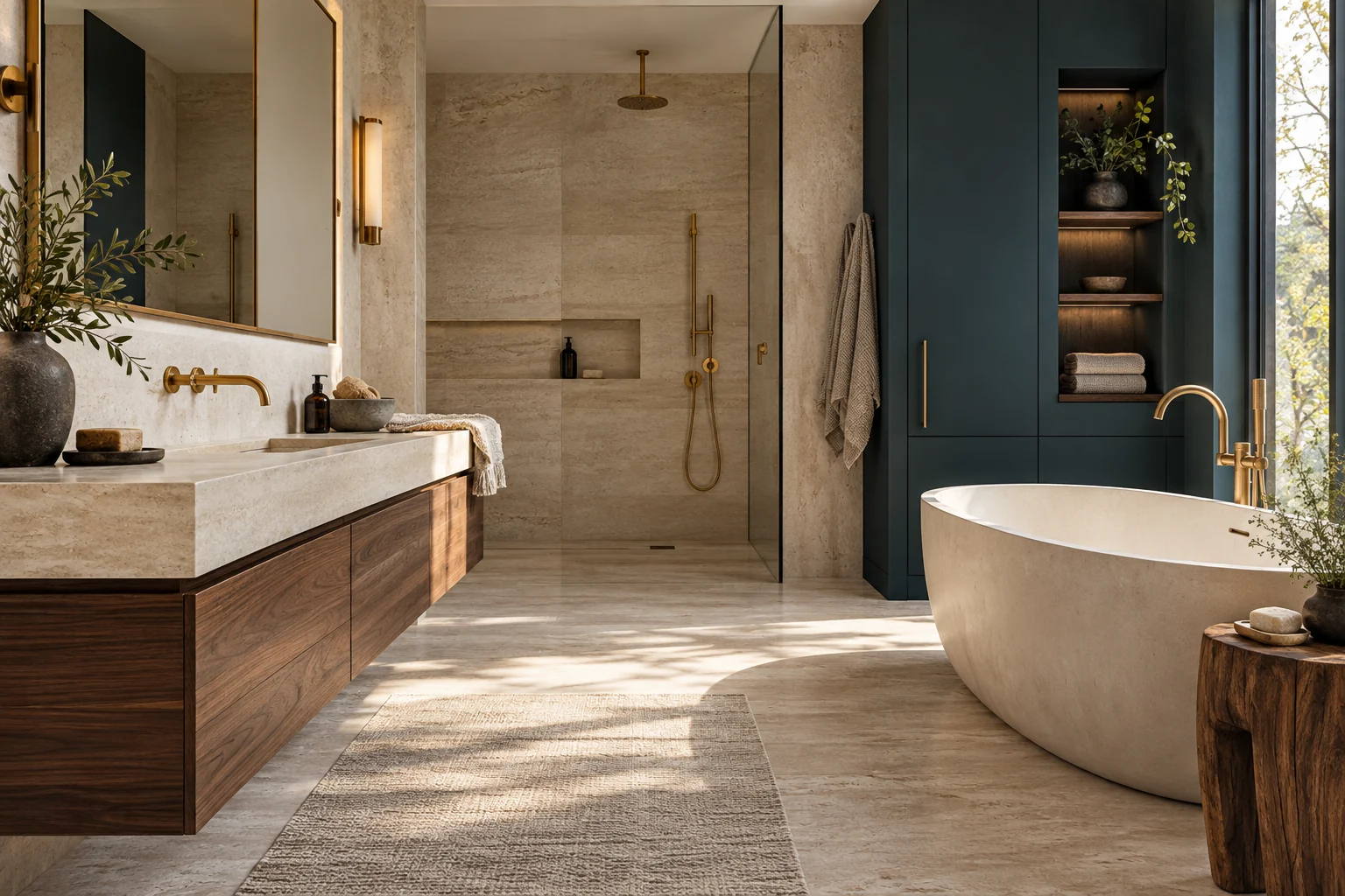 Illustrative bathroom with warm ivory stone, walnut cabinetry and brushed brass plumbing fixtures